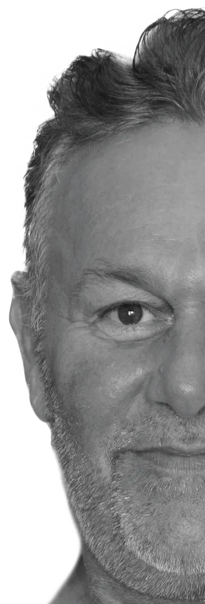 Bernhard „Besus“ Wanner, die linke Gesichtshälfte in Schwarz-Weiß